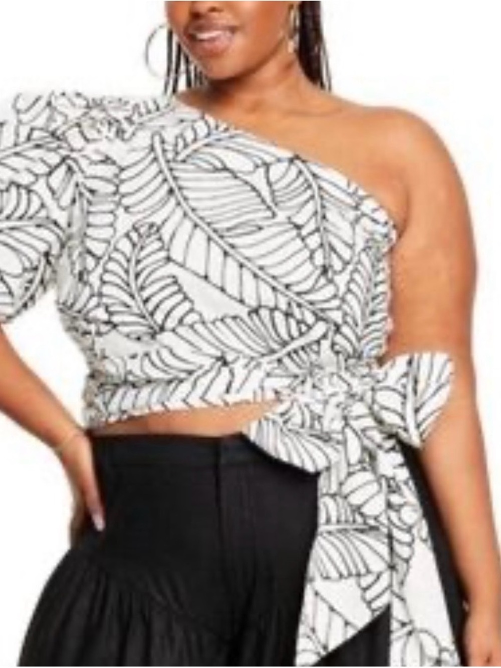 Fe Noel Black & White One-Shoulder Leaf-Print Tie-Waist Crop Top
